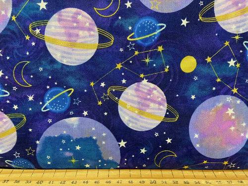 out of this world metallic planets stars blue cotton fabric shack malmesbury