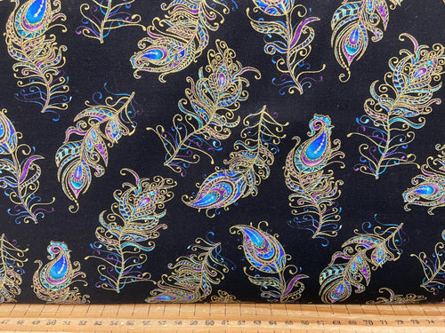 Ann Lauer of Grizzly Gulch for Benartex Peacock Flourish Metallic Cotton Fabric Small Feather Black by 1/4 Metre*