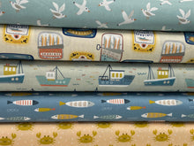 sally payne dashwood coast seaside boats fish crabs seagulls holiday fishing cotton fabric shack malmesbury crabs