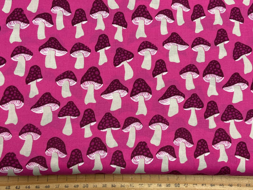 sarah watts ruby star society firefly mushroom toadstools pink cotton fabric shack malmesbury