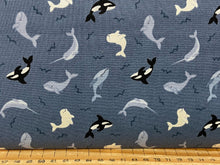 small things polar animals lewis & and Irene killer killer whale narwhal dolphin whale blue grey cotton fabric shack malmesbury