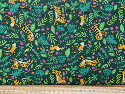 stacy iest hsu moda jungle paradise rain forest parrot tiger elephant leopard monkey green cotton fabric shack malmesbury