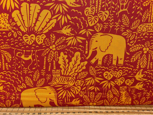 stacy iest hsu moda jungle paradise rain forest parrot tiger elephant tone on tone orange cotton fabric shack malmesbury