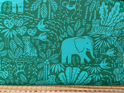 stacy iest hsu moda jungle paradise rain forest parrot tiger elephant tone on tone teal cotton fabric shack malmesbury