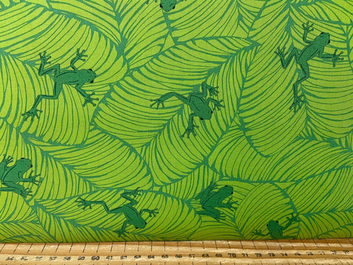 stacy iest hsu moda jungle paradise rain forest parrot tiger elephant tree frog green cotton fabric shack malmesbury
