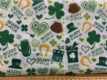 st saint patricks day happy pat shamrock beer ireland irish gnome leprechan hat hearts horseshoe extra wide cotton fabric shack malmesbury