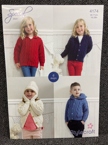 stylecraft special aran kids childrens jackets cardigans cap hat mittens 4174 knitting pattern fabric shack malmesbury wool yarn knit