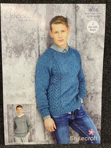 stylecraft special aran with wool gents mens jumpers sweaters 9658 knitting pattern fabric shack malmesbury wool yarn knit