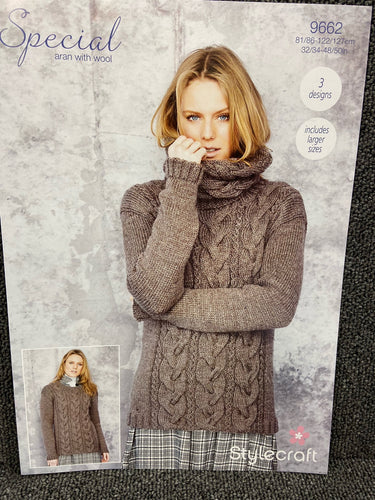 stylecraft special aran with wool ladies jumper sweater snood hat 9662 knitting pattern fabric shack malmesbury wool yarn knit