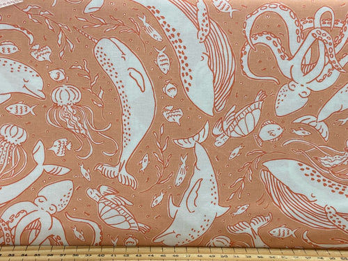 the sea and me stacy iest hsu moda seaside octopus whale dolphin coral pink sea cotton fabric shack malmesbury