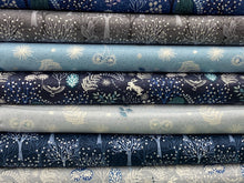 the secret winter garden lewis and irene cotton metallic fabric shack malmesbury woodland owl midnight blue pearl elements