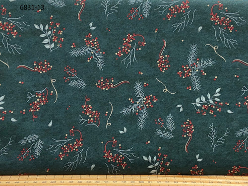 warm winter wishes holly taylor moda sqiggle berries spruce green teal 6831 13 christmas holidays festive fabric teal red cream sprig fir berries