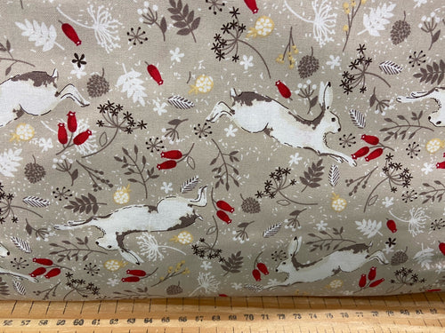 woodland winter christmas snow hare bunny rabbit natural rosehip cotton fabric shack malmesbury
